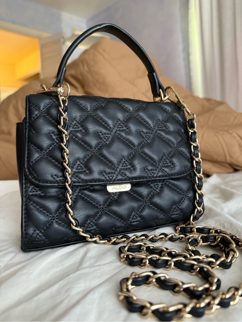 Aldo Quilted Black Crossbody Bag with Gold Chain